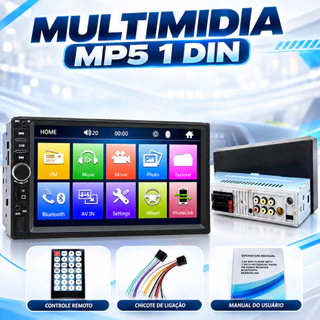 Central Multimídia MP5 1 DIN Tela 7 Polegadas Touch Bluetooth Rádio AM FM Espelhamento USB