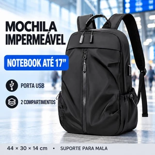 Mochila Notebook 17” Impermeável USB Reforçada, 2 Compartimentos 2 Bolsos Laterais Reguláveis e Suporte - ENVIO IMEDIATO