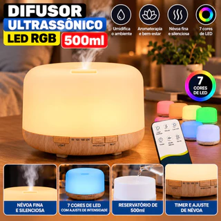 Difusor Ultrassônico LED RGB 500ml Umidificador Aromático Com Controle Remoto 7 Cores Top