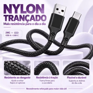 Cabo USB‑A para Tipo‑C 1 Metro Trançado Preto Carregamento Rápido