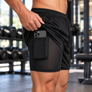 KIT 2 Shorts 2 em 1 Bermuda Masculina PLUS SIZE Com Compressão Interna Treino Academia