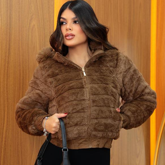 Jaqueta Puffer Feminina Dupla Face Impermeável Peluciada Com Capuz
