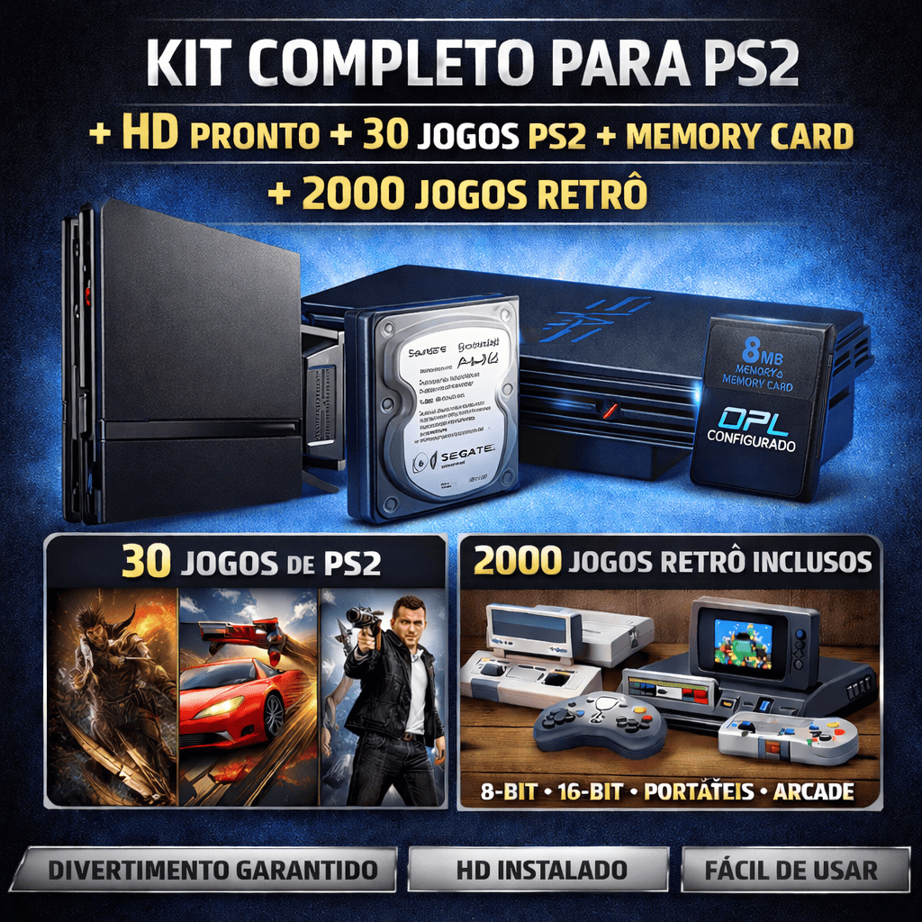 Kit Completo para PS2 | HD Pronto + 30 Jogos PS2 + Memory Card + 2000 ...