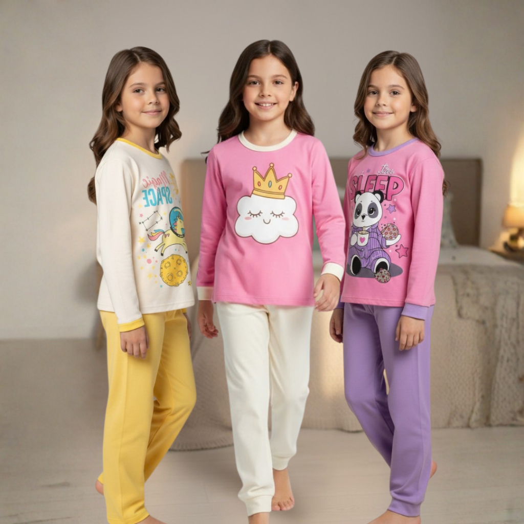 Kit Pijama Menina 100% Algodão | Pijama Infantil de Inverno | Roupa de Dormi Juvenil Tamanho 1 ao 14 anos em Oferta na Shopee
