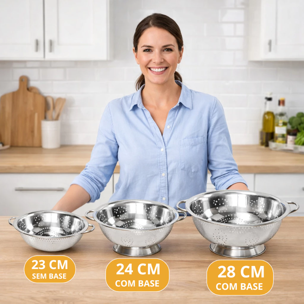 Escorredor de Macarrão Legumes Frutas Inox com Alças 23/24/28cm Peneira Cozinha Tigela Inoxidável Resistente