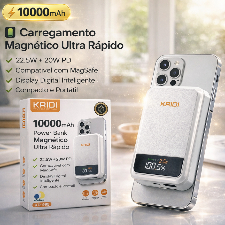 Power Bank Magnético 10000mAh Kaidi KD-998 Magsafe 22.5W Turbo USB-C ...