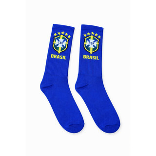 Meia Brasil Unissex Canelada Adulto Futebol Copa Hexa Corrida Bike Cano Médio Branco Azul Amarela — foto 5 — Achou Levou Brasil