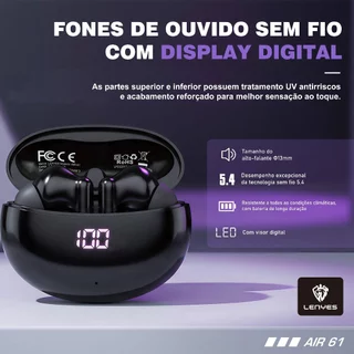LENYES Fone de Ouvido Bluetooth 5.4 Sem Fio Case Com Display Digital Fone de ouvido intra-auricular