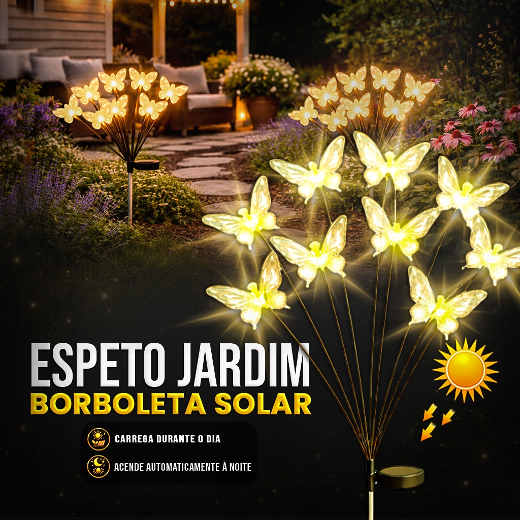 Borboleta Solar Jardim LED Espeto Decorativo Luz Automática Externa 8 LEDs Prova D'Água ip66
