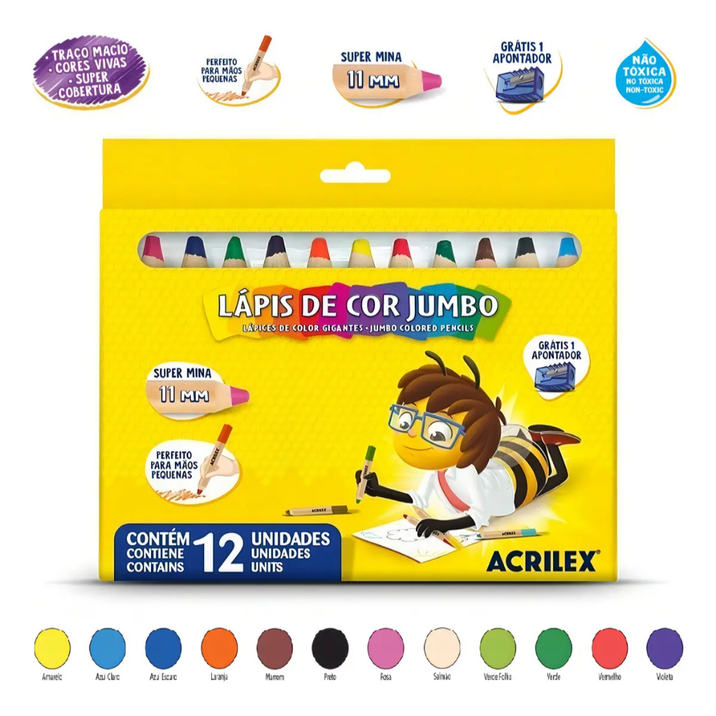 LAPIS DE COR JUMBO ACRILEX 12 CORES GROSSO INFANTIL ESCOLAR | Shopee Brasil