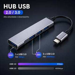 Hub USB Tipo C Com Carregador De Alta Velocidade 3.0 Adaptador OTG 4 Porta Para Computador Celular