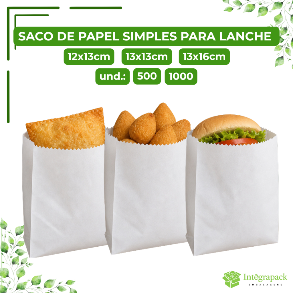 Saco de Papel Branco Simples para Lanche Doce Pastel Padaria