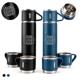Kit 10 Garrafa Térmica Personalizada 500ML com 3 Xícaras Logo ou nome