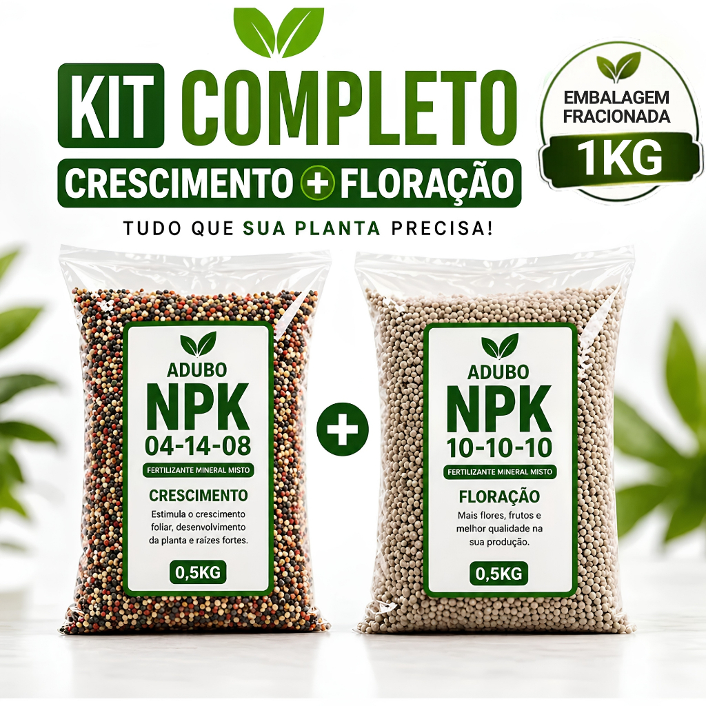 Kit Adubo NPK 101010 + NPK 041408 Crescimento e Floração para Plantas, Flores, Horta e Frutíferas