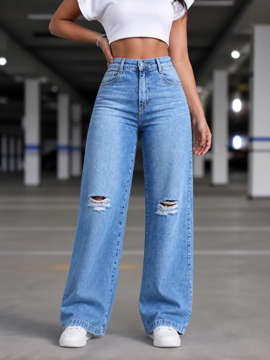 Calça Jeans Feminina Wide Leg Marmorizada Premium