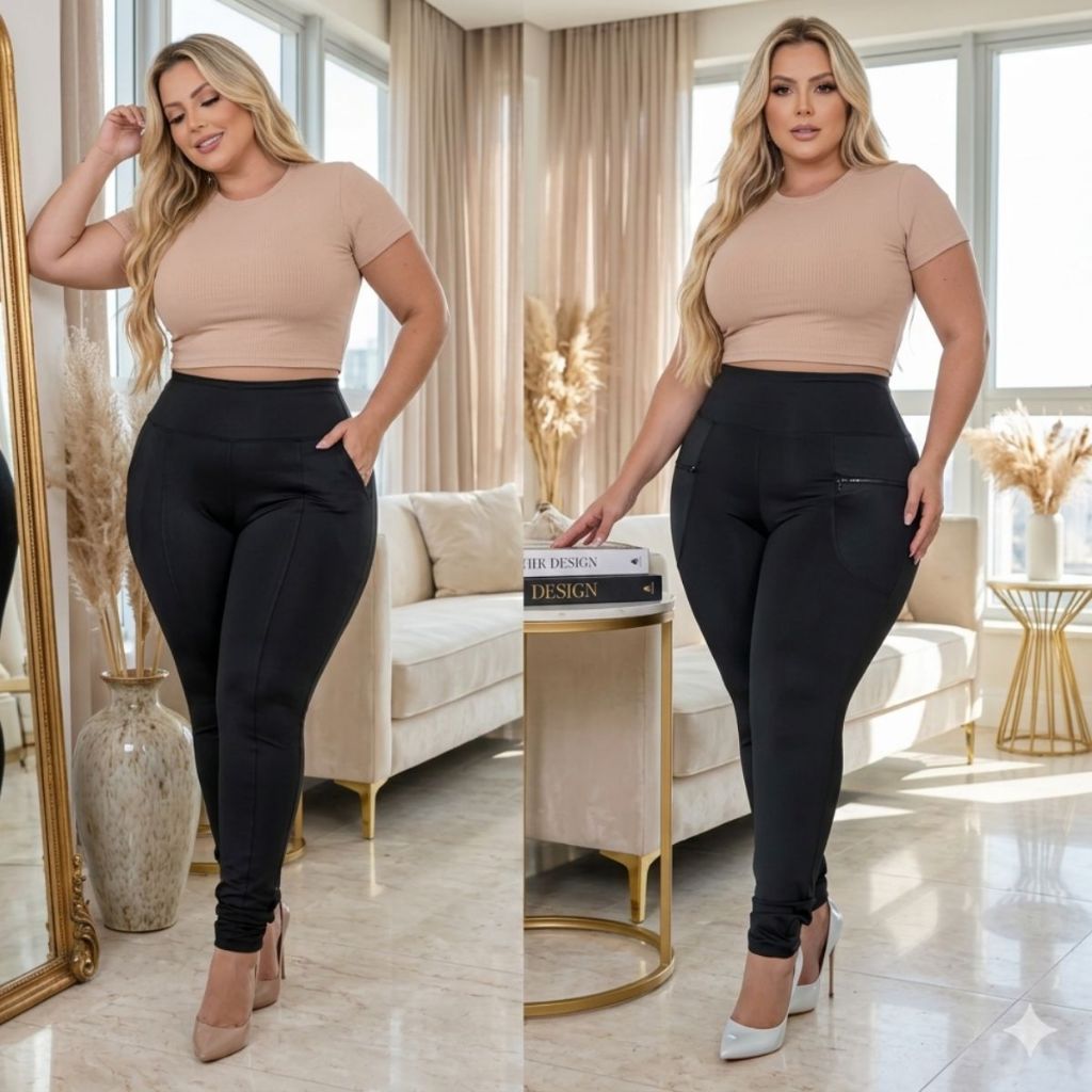 Calça Legging Feminina Plus Size Suplex Grossa Cintura Alta Com