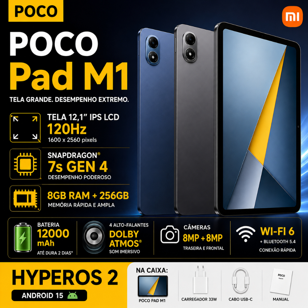 Tablet Xiaomi POCO Pad M1, Tela LCD 12,1", Câmera 8MP, Versão Global, Original