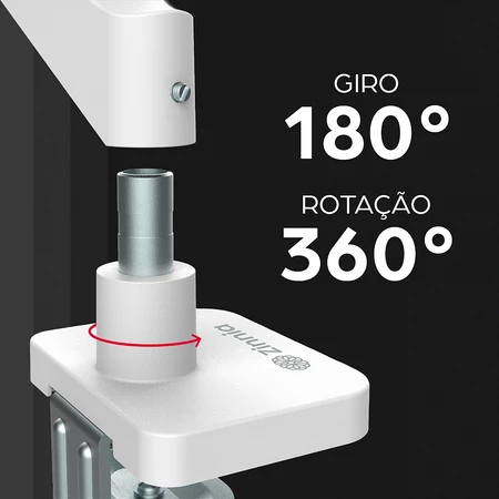 Detalhe da base do suporte Zinnia Nimbo 110 mostrando a capacidade de rotação de 360 graus e giro de 180 graus