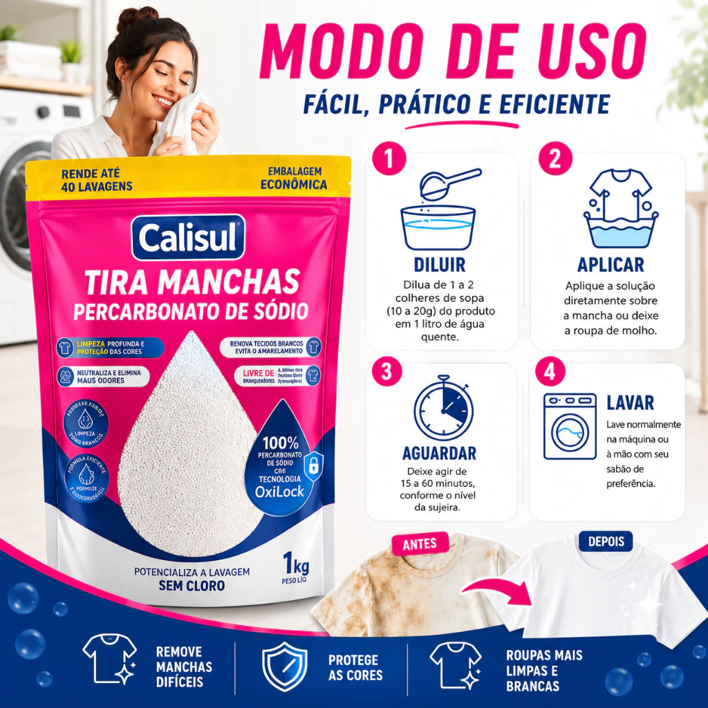 Percarbonato de Sódio Calisul 100% Puro Tira Manchas Alvejante Sem Cloro Roupas Brancas 1kg 2kg 3kg - Imagem 4