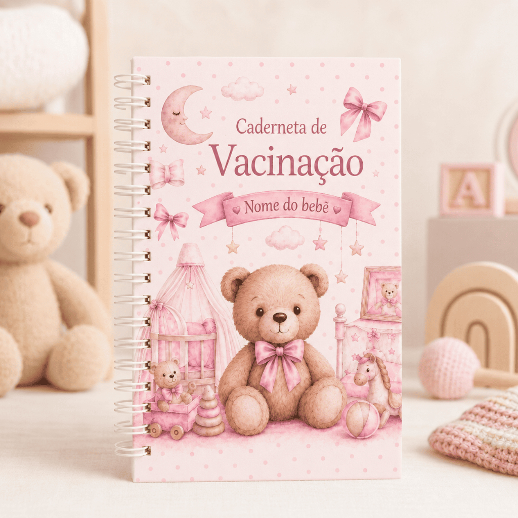 Caderneta de Vacinação do bebê Personalizada com Nome - Ursinho Rosa Menina