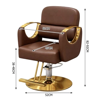 Cadeira de barbearia profissional, design aro circular fixo. Cores: preto dourado, marrom dourado e branco dourado