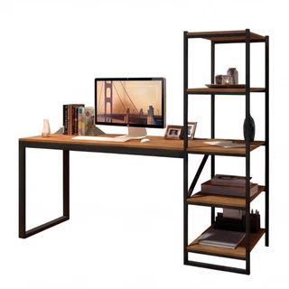 Escrivaninha Industrial com Estante Lateral 3 Prateleiras | Mesa Home Office Madeira Cor Canela