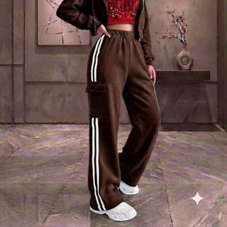 Calça Moletom Feminina Pantalona Cargo Com Listras Laterais Cos Alto Flanelado