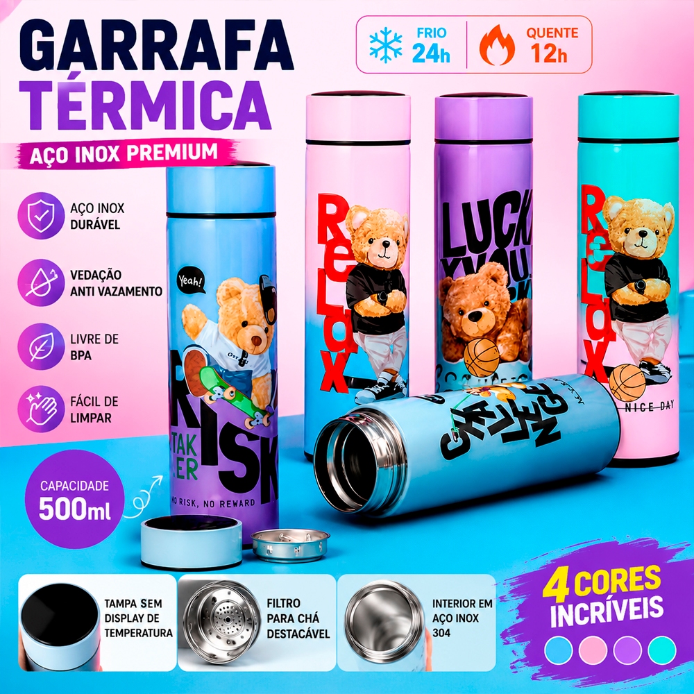 Garrafa Térmica 500ml Infantil/Adulto Antivazamento Café Chá Água Conserva Quente e Frio Até 12h