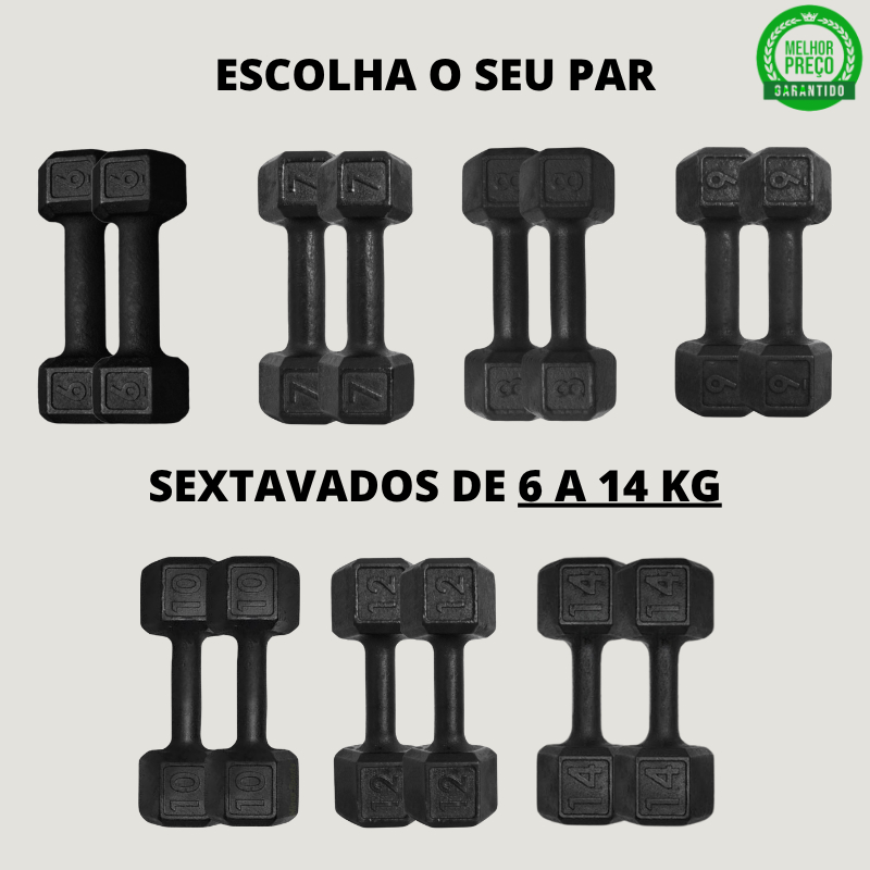 Par Halter Sextavado Pintado - 6 Kg a 14 Kg / Treino Musculação Peso Academia Fortalecimento Muscular C/ 2 Un