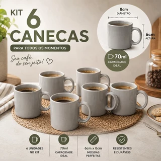 Kit com 6 Canecas de Cerâmica Gole 70ml – Cores Sortidas | Linha Colorida Cerâmica Regina
