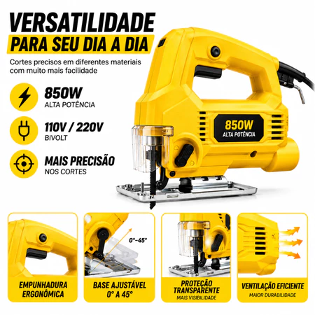 Serra Tico Tico Elétrica 850W Profissional Base Ajustável 0 45° Corta Madeira MDF Metal Plástico 110V 220V
