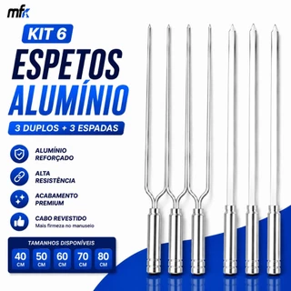 Kit 6 Espetos Churrasco Alumínio Reforçado Duplo Espada 40 50 60 70 80cm Carne Churrasqueira