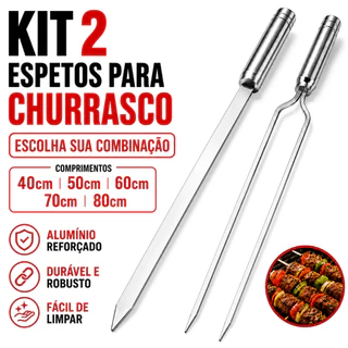 Kit 2 Espetos Churrasco Espada Duplo Barra Chata Alumínio Reforçado Cabo 12cm 40 50 60 70 80cm