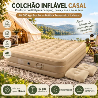 🔥 🔥Colchão Inflável Casal Inflável até 300 kg + Bomba Embutida + Travesseiro Para Camping Praia Casa Ao Livre