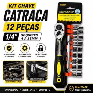 Kit Chave Catraca 1/4 Soquete 4 a 13mm 12 Peças | Jogo de Chave Catraca + Soquetes | Kit Ferramentas Catraca 1/4