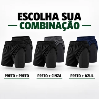 Kit 2 Shorts Bermuda 2 em 1 Masculino Dry Fit Academia Treino Corrida Elastano Bolso Interno Celular P ao GG