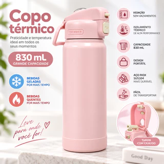 Copo Térmico 830ml Inox SUS304 com Canudo, Tampa com Trava, Garrafa Térmica à Prova de Vazamentos