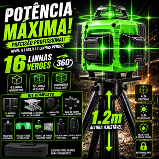 Nível Laser Verde 16 Linhas 4d Autonivelante Com 4000mah *2 com 1.2m Tripé War Shark