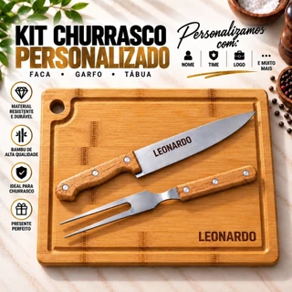Kit Churrasco Personalizado Com Seu Time Logo Nome Curso 3 Peças - Garfo Faca e Tábua de Bambu