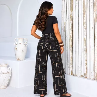 Calça Pantalona Feminina Estampada Labirinto Cintura Alta com Bolsos Laterais Diagonal