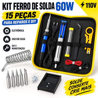 Kit Ferro de Solda 60W Ajustável 15 Peças com Estojo, 5 Pontas e Acessórios para Reparo e DIY 110V ou 220V