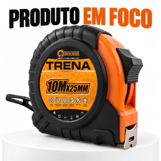 Trena 10m x 25mm Preto e Laranja com Trava e Clipe de Cinto, para Medições Precisas em Casa, Obras e Projetos Diversos