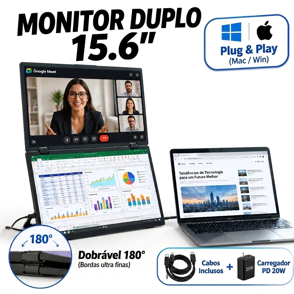 Monitor PortĂĄtil Duplo 156 1080P Plug and Play