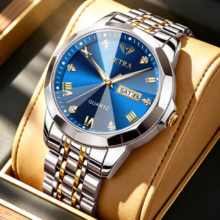 VETRA Relógio Masculino Original Relogio Luxo a Prova d Água Presente para Homem Aço Inoxidável Azul Dourado 9931