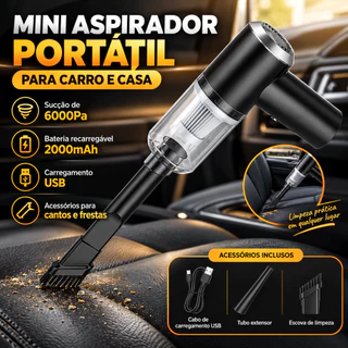 Mini Aspirador de Pó para Carro e Casa 6000Pa Portátil Recarregável USB com Escova e Bico Extensor