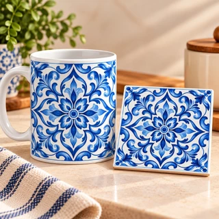 Kit Caneca Personalizada com Porta Copo Cerâmica Estilo Português Floral