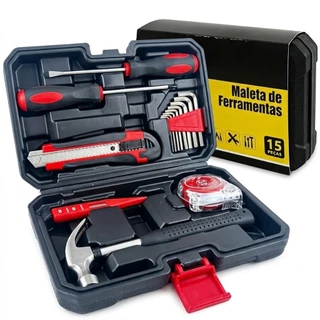 Maleta de Ferramentas Kit Completo 15 Peças Chave de Fenda Phillips Allen Martelo Trena Estilete Teste de Tensão