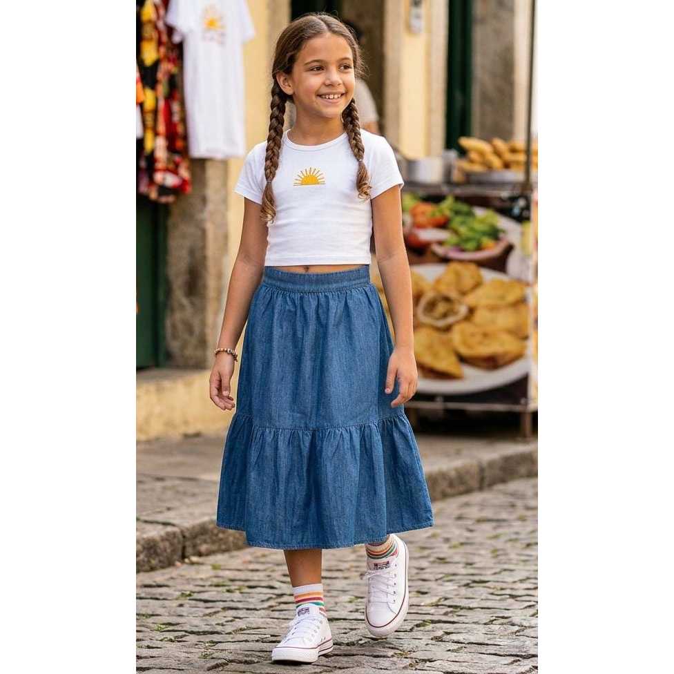 Saia jeans midi infanto Juvenil | Shopee Brasil