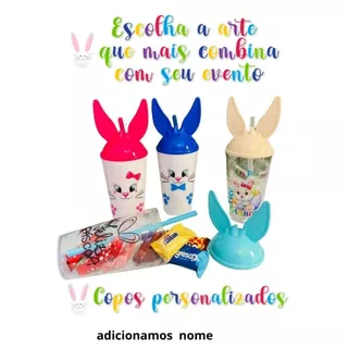 Kit 5 copo PERSONALIZADO PÁSCOA  - tampa coelho e canudo - festa pascoa -lembrancinha pascoa em Oferta na Shopee
