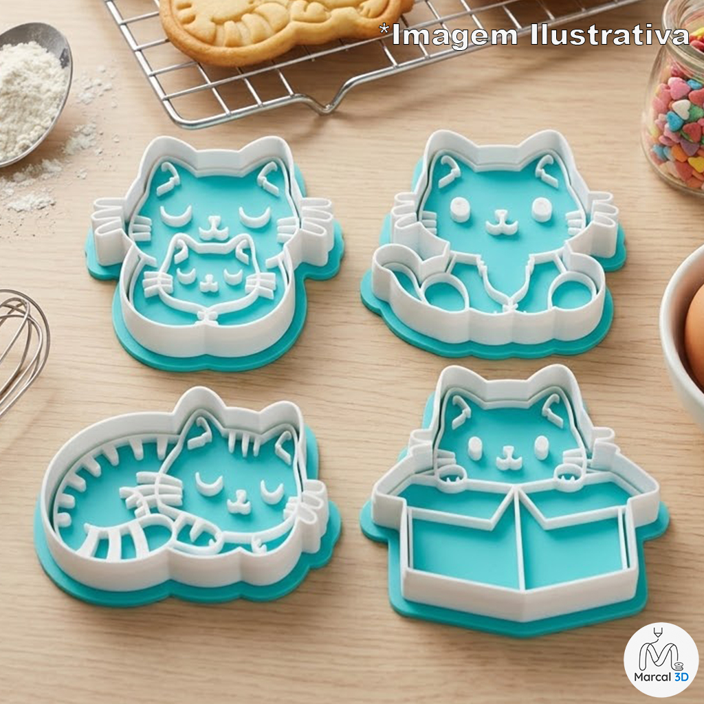 Kit Cortador de Biscoito Gatinhos Gatos Felinos Carimbo Molde Massinha
